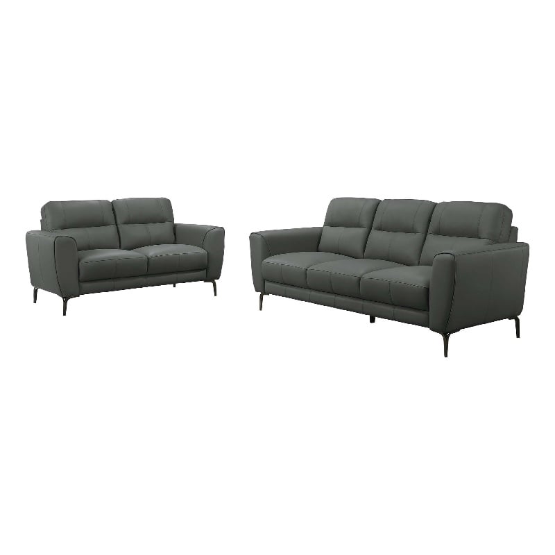 Benjara Hena 2pc Sofa and Loveseat Set- Black/Anthracite Gray Full Leather