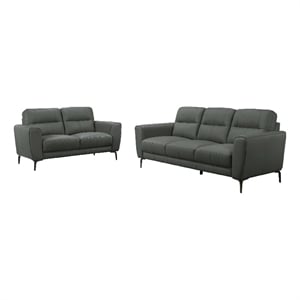 Benjara Hena 2pc Sofa and Loveseat Set- Black/Anthracite Gray Full Leather