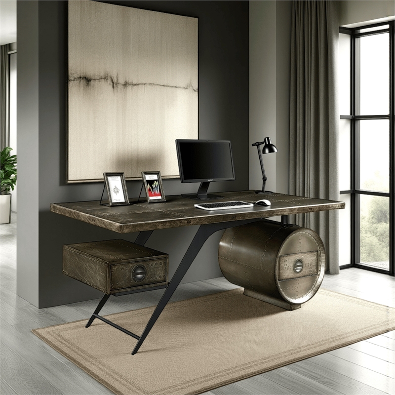 Benjara Bran Executive Office Desk with Power Dock- Drawer- Bronze Aluminum
