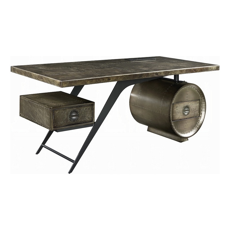 Benjara Bran Executive Office Desk with Power Dock- Drawer- Bronze Aluminum