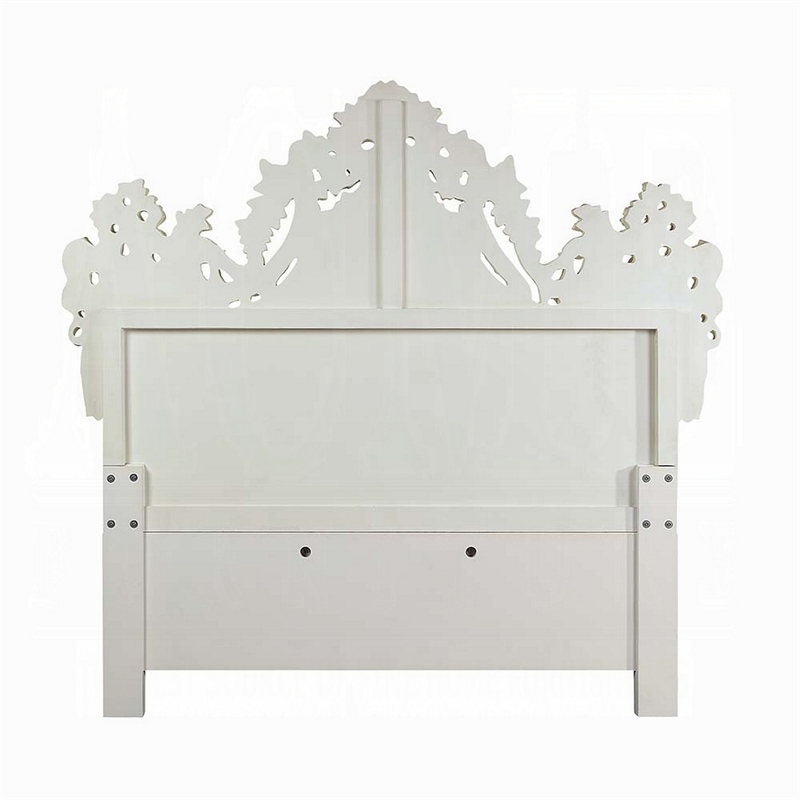 Benjara Rox King Size Bed- White Faux Leather Victorian Carved- Vintage White