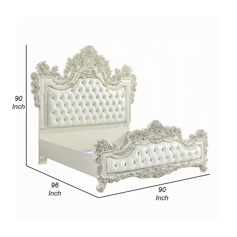 Benjara Rox King Size Bed- White Faux Leather Victorian Carved- Vintage White