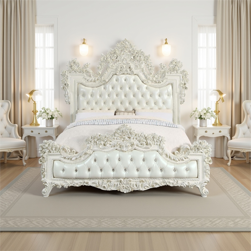 Benjara Rox King Size Bed- White Faux Leather Victorian Carved- Vintage White