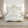 Benjara Rox King Size Bed- White Faux Leather Victorian Carved- Vintage White