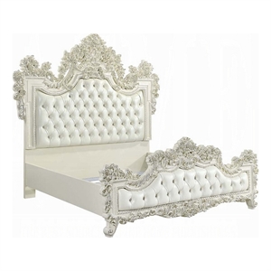 Benjara Rox King Size Bed- White Faux Leather Victorian Carved- Vintage White
