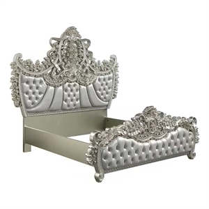 Benjara Dove King Bed- Beige Faux Leather Victorian Carved- Champagne Gold
