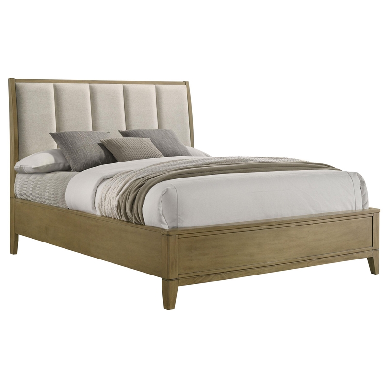 Benjara Heon King Bed- Block Panel Headboard- Ivory Upholstery- Pine Wood