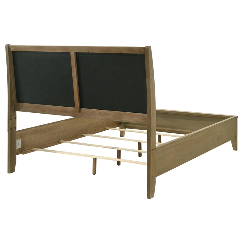 Benjara Heon King Bed- Block Panel Headboard- Ivory Upholstery- Pine Wood