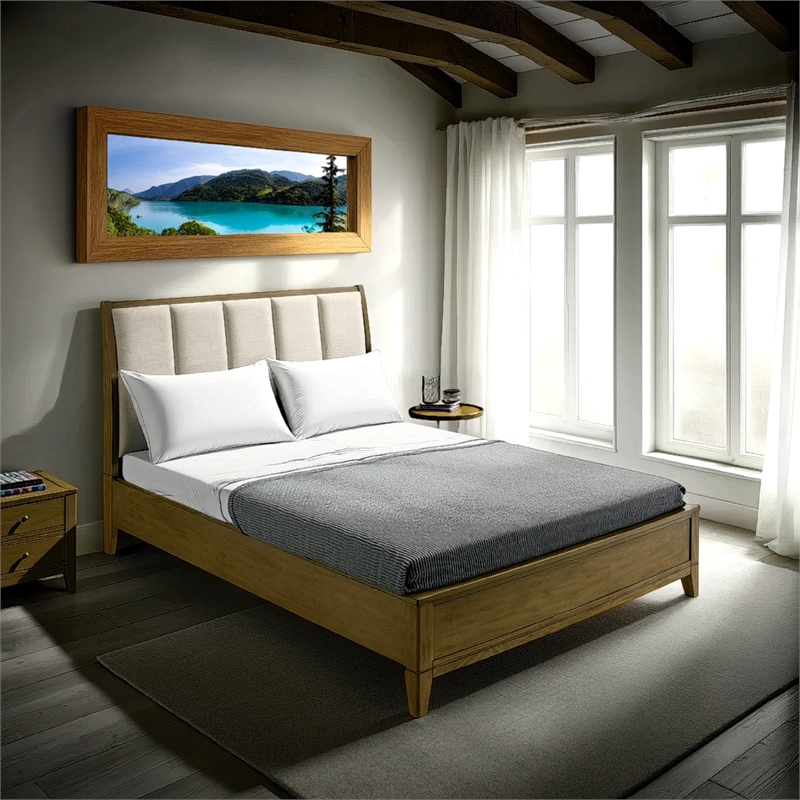 Benjara Heon King Bed- Block Panel Headboard- Ivory Upholstery- Pine Wood