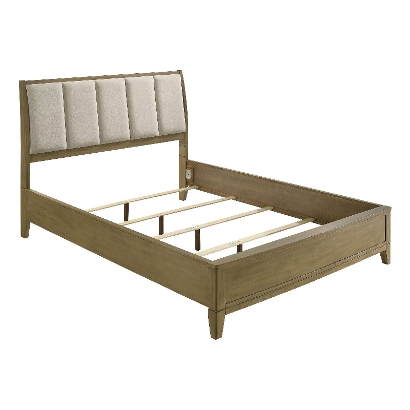 Benjara Heon King Bed- Block Panel Headboard- Ivory Upholstery- Pine Wood