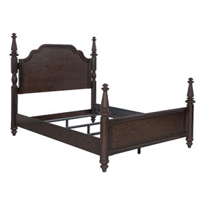 Benjara Meon California King Poster Bed- Carved Headboard- Dark Oak Brown Wood