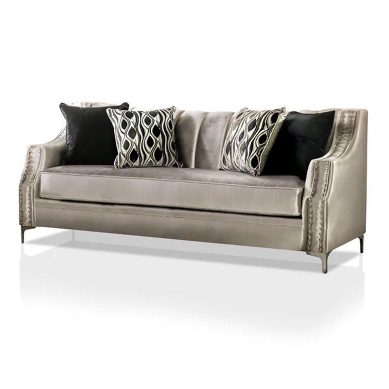 Benjara Enny Sofa and Loveseat Set- 6 Accent Pillows- Silver Black Chenille