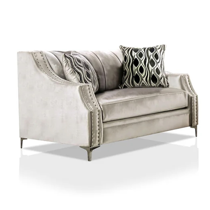 Benjara Enny Sofa and Loveseat Set- 6 Accent Pillows- Silver Black Chenille