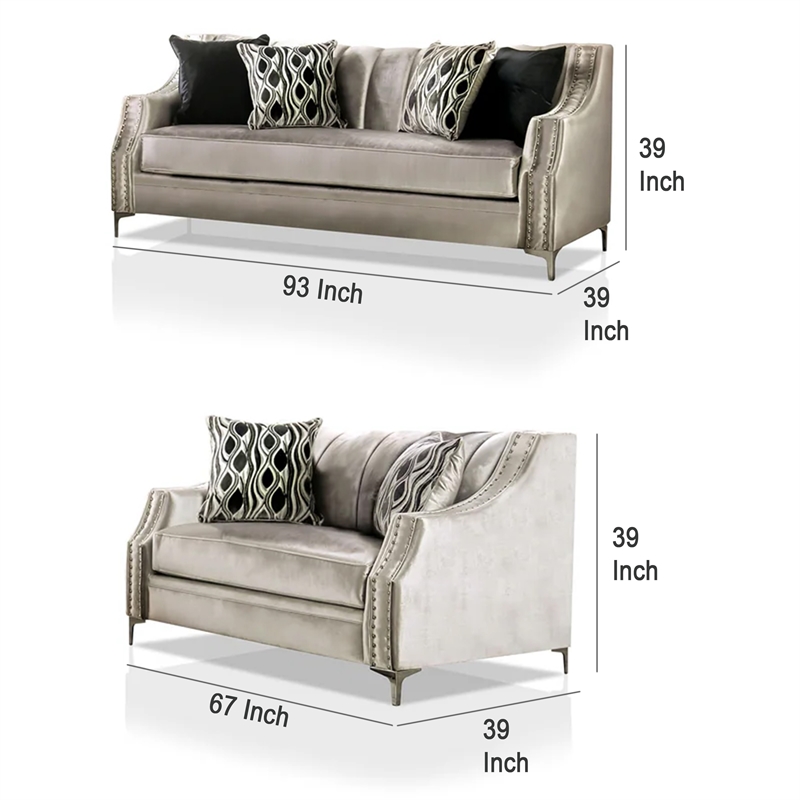 Benjara Enny Sofa and Loveseat Set- 6 Accent Pillows- Silver Black Chenille