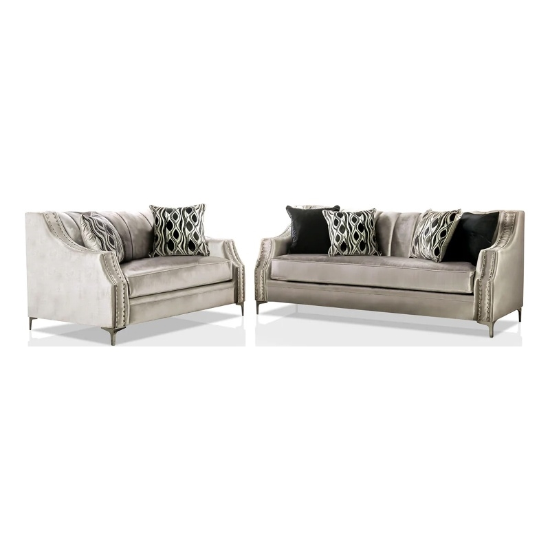 Benjara Enny Sofa and Loveseat Set- 6 Accent Pillows- Silver Black Chenille