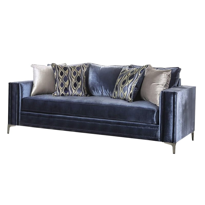 Benjara Odie Sofa Loveseat Set- 6 Throw PIllows- Satin Blue Silver Microfiber
