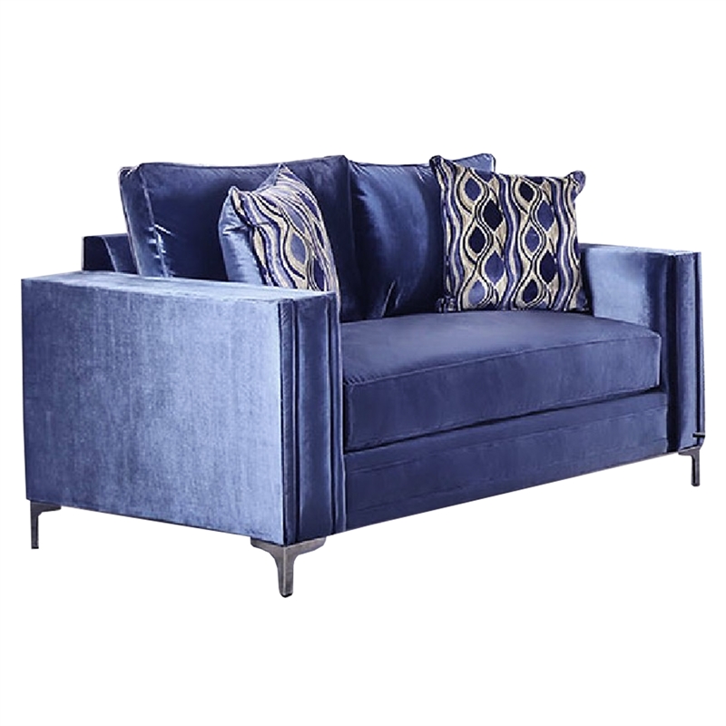 Benjara Odie Sofa Loveseat Set- 6 Throw PIllows- Satin Blue Silver Microfiber