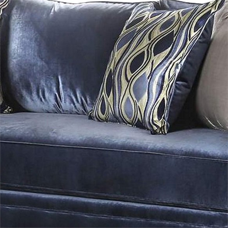 Benjara Odie Sofa Loveseat Set- 6 Throw PIllows- Satin Blue Silver Microfiber