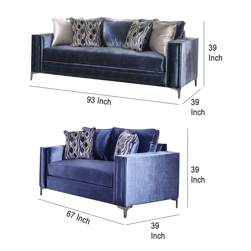 Benjara Odie Sofa Loveseat Set- 6 Throw PIllows- Satin Blue Silver Microfiber