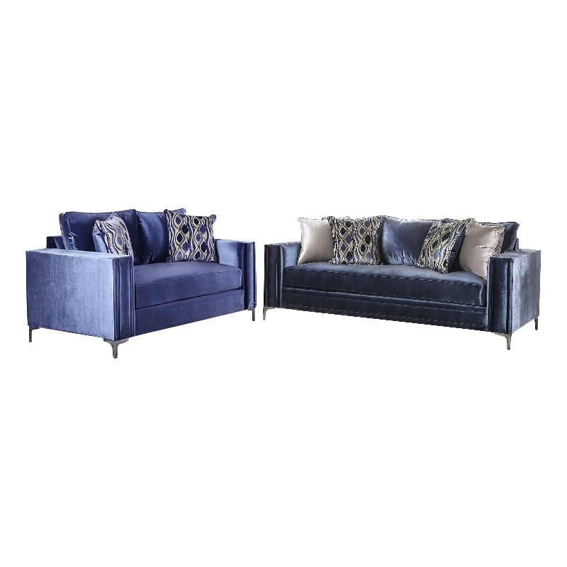 Benjara Odie Sofa Loveseat Set- 6 Throw PIllows- Satin Blue Silver Microfiber