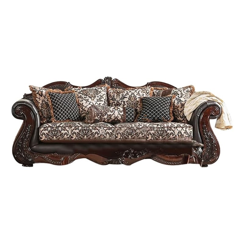 Benjara Ammy 2pc Sofa Loveseat Set- Dark Brown Faux Leather- 5 Accent Pillows