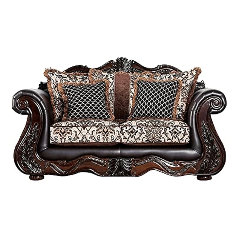 Benjara Ammy 2pc Sofa Loveseat Set- Dark Brown Faux Leather- 5 Accent Pillows