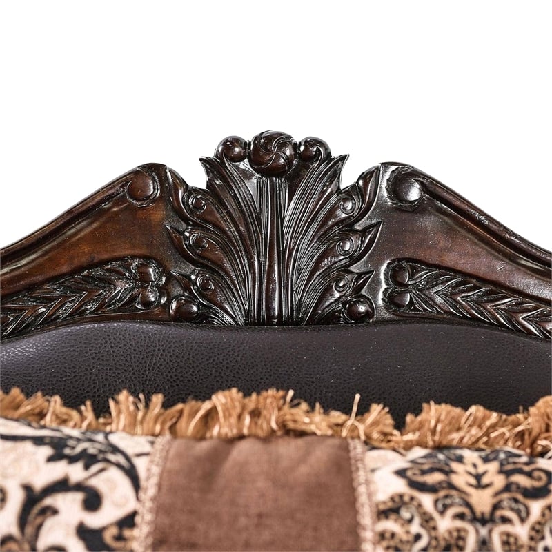 Benjara Ammy 2pc Sofa Loveseat Set- Dark Brown Faux Leather- 5 Accent Pillows