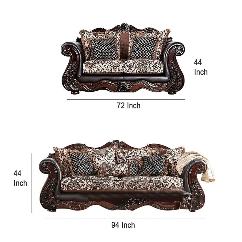 Benjara Ammy 2pc Sofa Loveseat Set- Dark Brown Faux Leather- 5 Accent Pillows