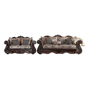 Benjara Ammy 2pc Sofa Loveseat Set- Dark Brown Faux Leather- 5 Accent Pillows