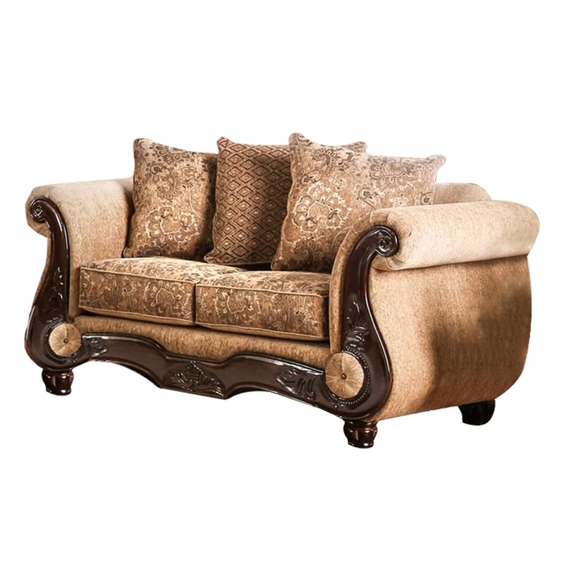 Benjara Nican 2pc Sofa Loveseat Set- Tan Gold Faux Leather- 8 Accent Pillows