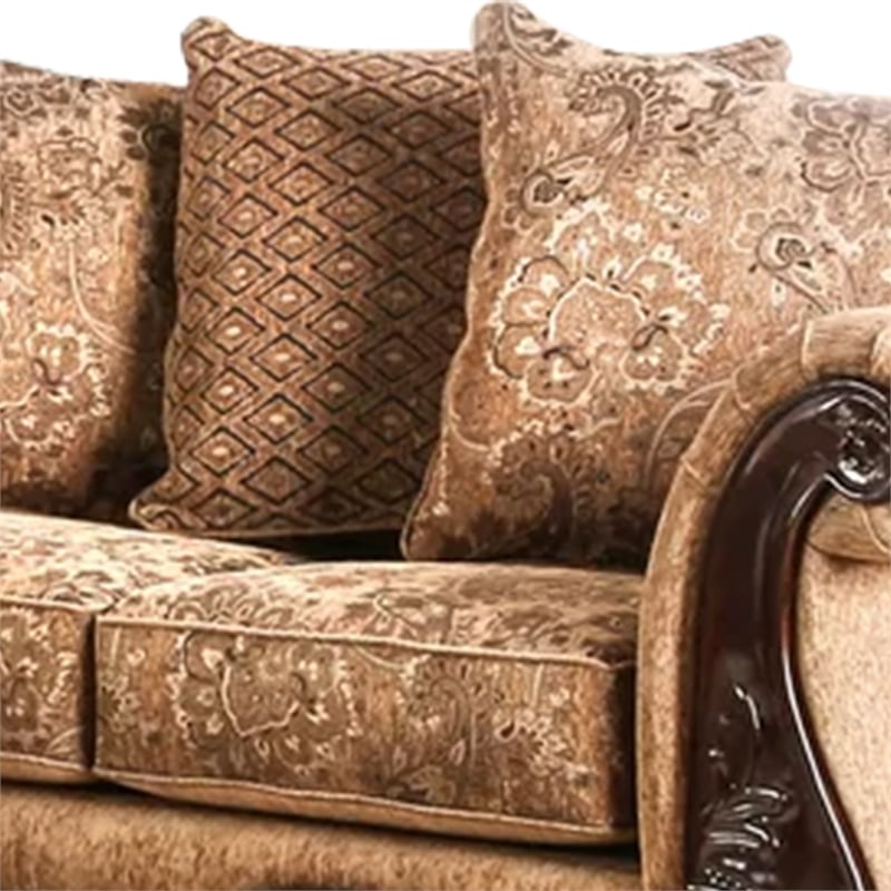 Benjara Nican 2pc Sofa Loveseat Set- Tan Gold Faux Leather- 8 Accent Pillows