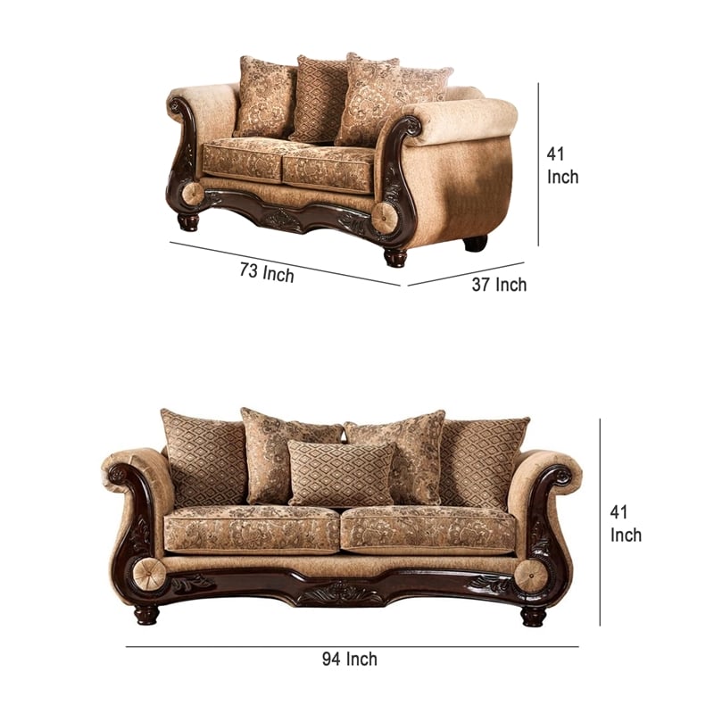 Benjara Nican 2pc Sofa Loveseat Set- Tan Gold Faux Leather- 8 Accent Pillows