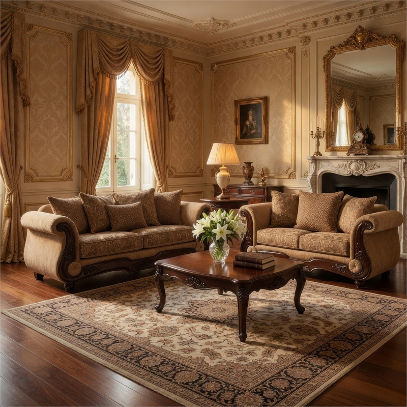 Benjara Nican 2pc Sofa Loveseat Set- Tan Gold Faux Leather- 8 Accent Pillows