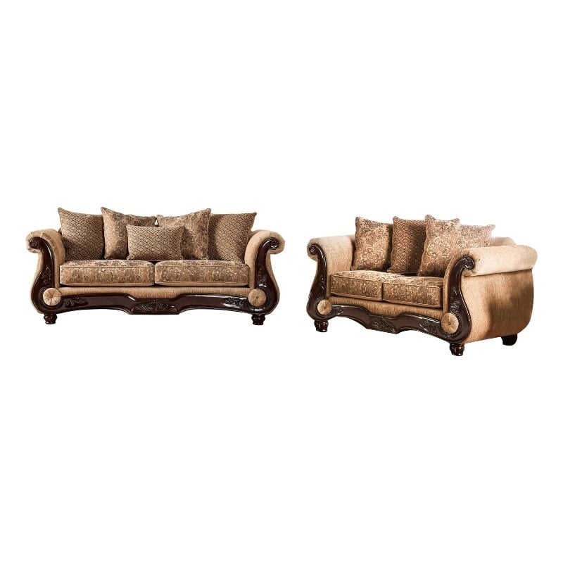 Benjara Nican 2pc Sofa Loveseat Set- Tan Gold Faux Leather- 8 Accent Pillows