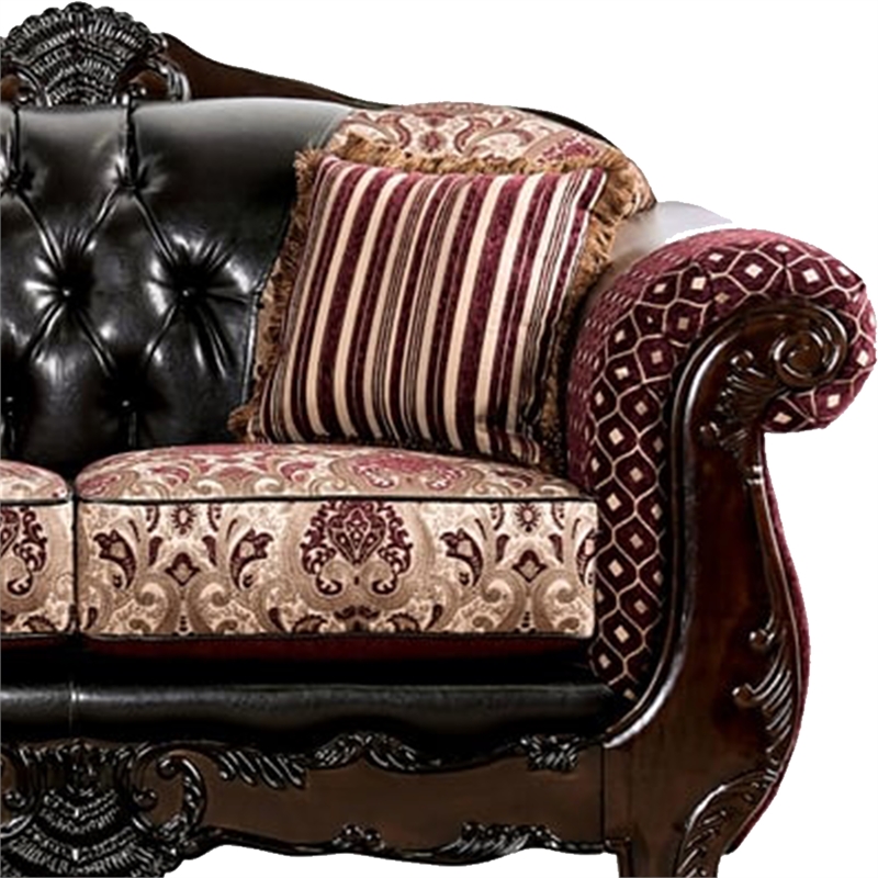 Benjara Quo 2pc Sofa Loveseat Set- Burgundy- Dark Brown Chenille- 4 Pillows
