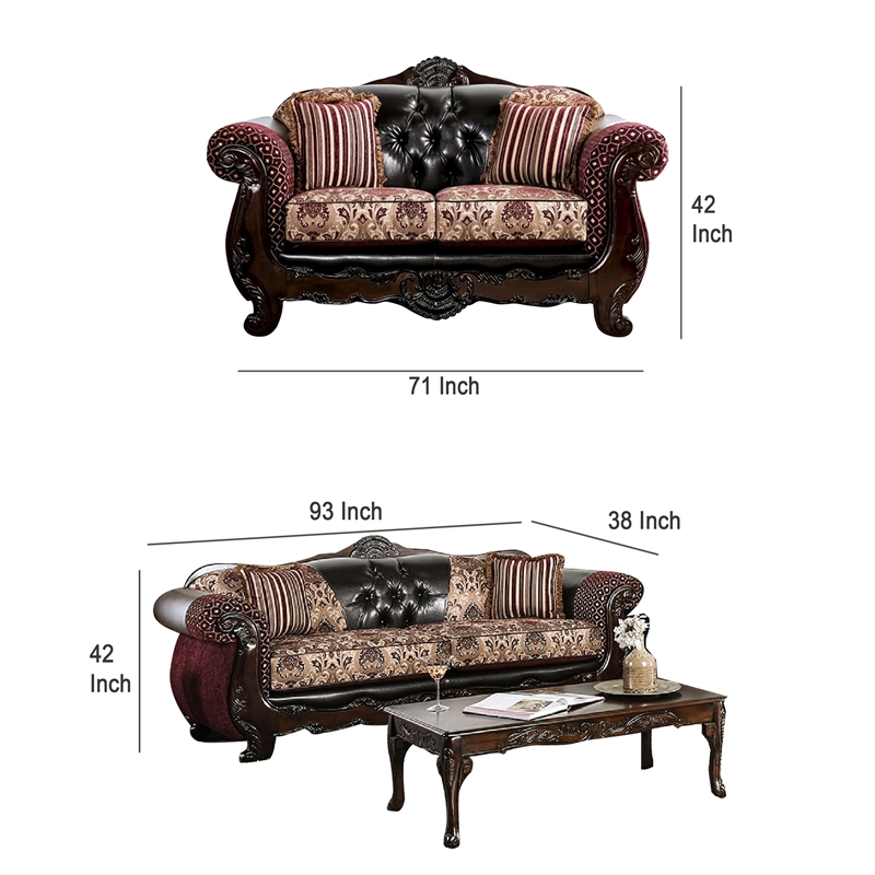 Benjara Quo 2pc Sofa Loveseat Set- Burgundy- Dark Brown Chenille- 4 Pillows