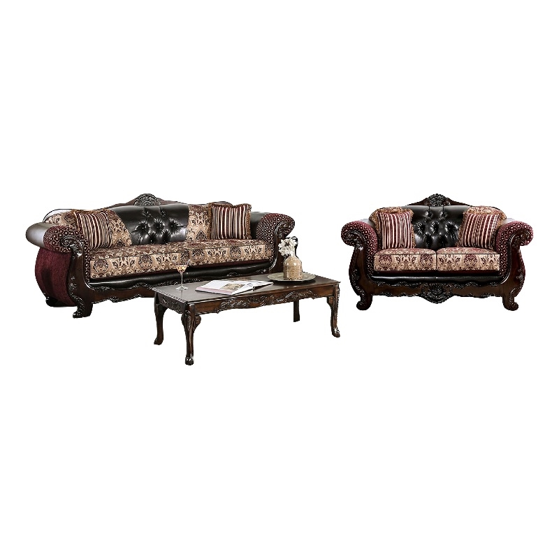 Benjara Quo 2pc Sofa Loveseat Set- Burgundy- Dark Brown Chenille- 4 Pillows