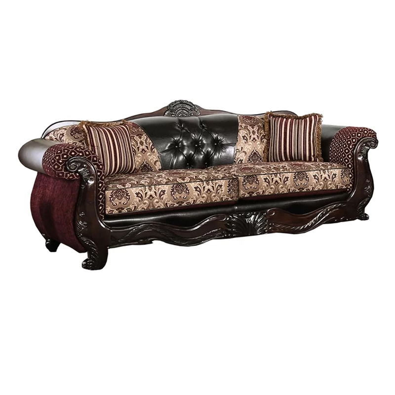 Benjara Quo 2pc Sofa Loveseat Set- Brown Chenille and Faux Leather- 4 Pillows