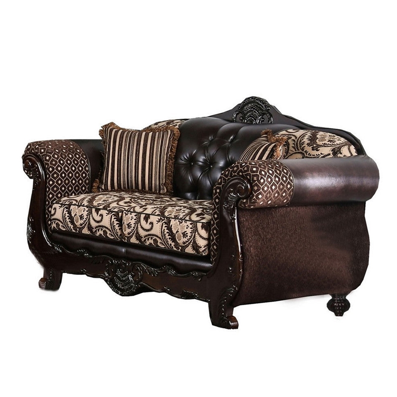Benjara Quo 2pc Sofa Loveseat Set- Brown Chenille and Faux Leather- 4 Pillows