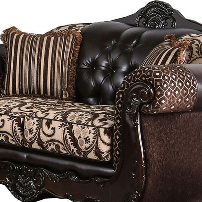 Benjara Quo 2pc Sofa Loveseat Set- Brown Chenille and Faux Leather- 4 Pillows