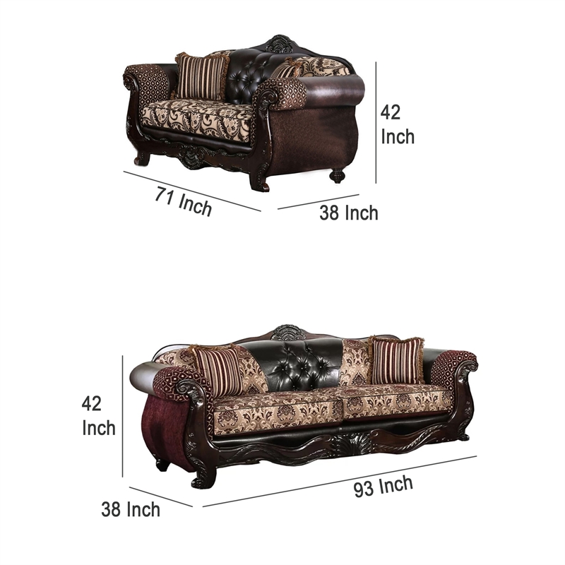 Benjara Quo 2pc Sofa Loveseat Set- Brown Chenille and Faux Leather- 4 Pillows
