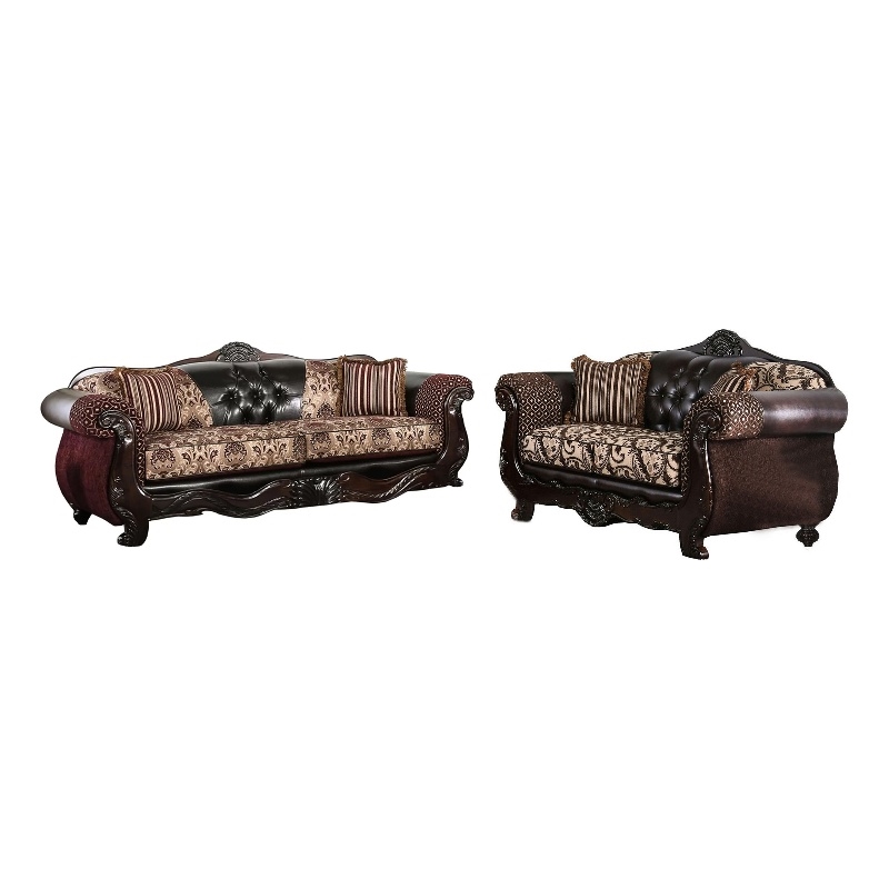 Benjara Quo 2pc Sofa Loveseat Set- Brown Chenille and Faux Leather- 4 Pillows