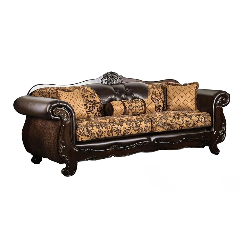 Benjara Quo 2pc Sofa Loveseat Set- Tan- Dark Brown Chenille- 4 Accent Pillows