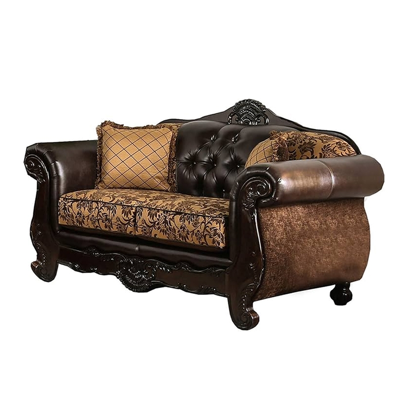 Benjara Quo 2pc Sofa Loveseat Set- Tan- Dark Brown Chenille- 4 Accent Pillows