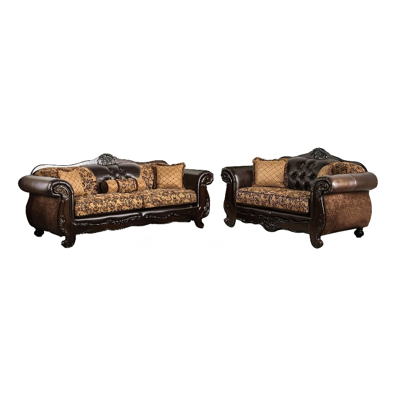 Benjara Quo 2pc Sofa Loveseat Set- Tan- Dark Brown Chenille- 4 Accent Pillows