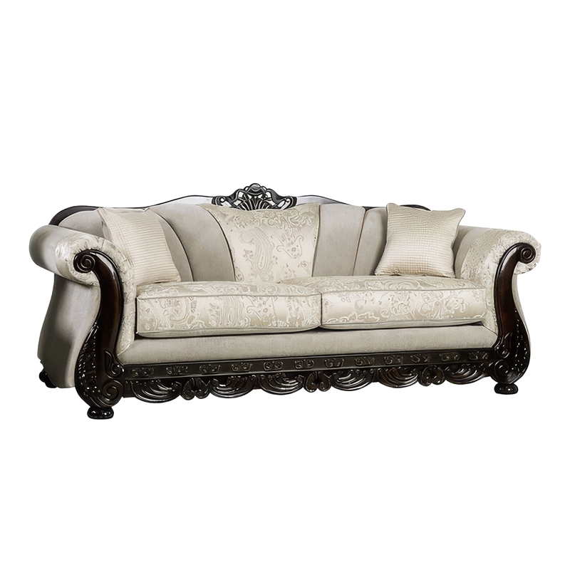 Benjara Delie 2pc Sofa Loveseat Set- Ivory Chenille- 4 Accent Throw Pillows