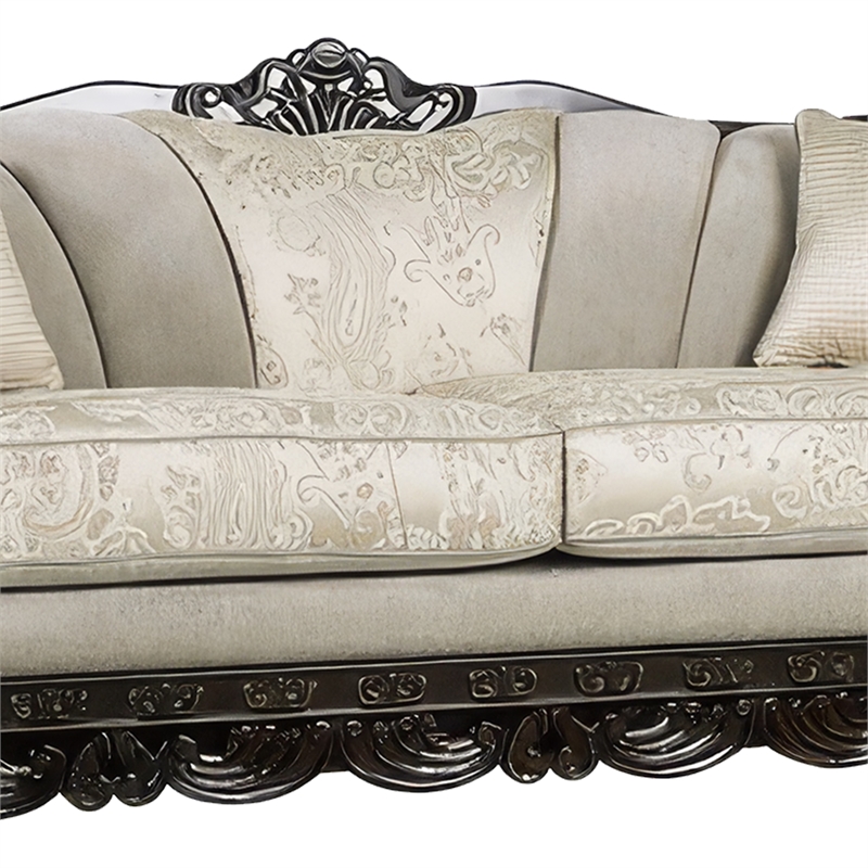 Benjara Delie 2pc Sofa Loveseat Set- Ivory Chenille- 4 Accent Throw Pillows