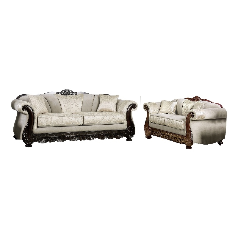 Benjara Delie 2pc Sofa Loveseat Set- Ivory Chenille- 4 Accent Throw Pillows