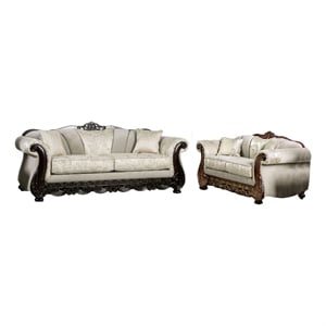 Benjara Delie 2pc Sofa Loveseat Set- Ivory Chenille- 4 Accent Throw Pillows