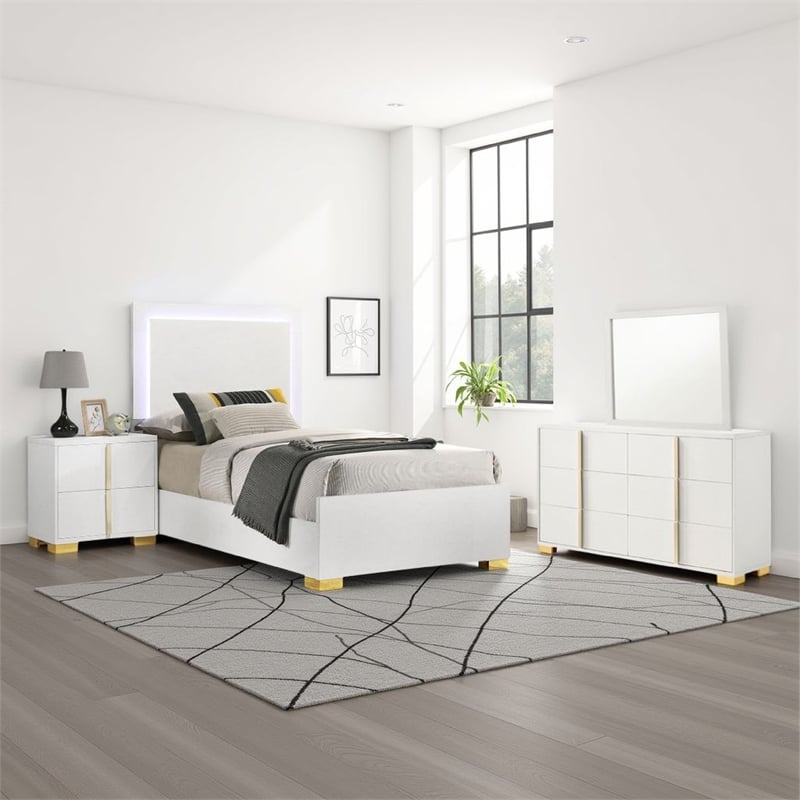 Benjara Dex 4 Piece Twin Bedroom Set- White/Gold Accents- LED Headboard